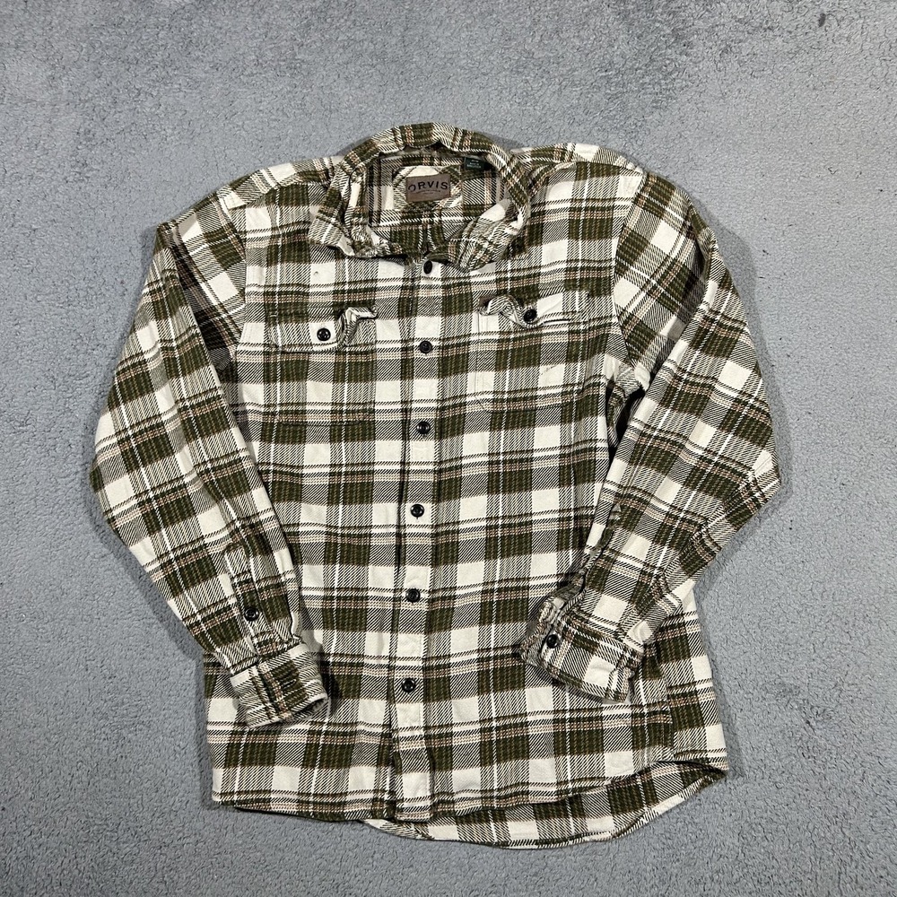 Orvis Men's Medium Green Plaid Flannel Shirt Jacket Heavyweight Shacket #2469